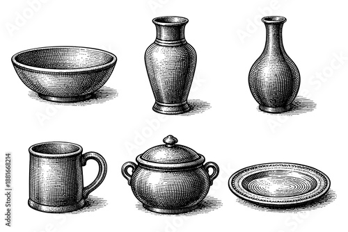 Classic engraved style vintage kitchenware collection featuring bowls and vases