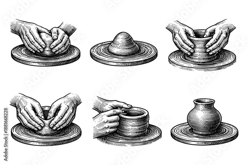 Pottery making process: handcrafted ceramic art in vintage style engravings