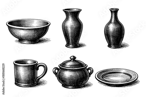 Vintage etched style ceramic kitchenware collection with vases and bowls