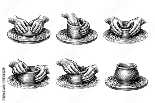 Crafting pottery: step-by-step handmade potting process in detailed engraving style