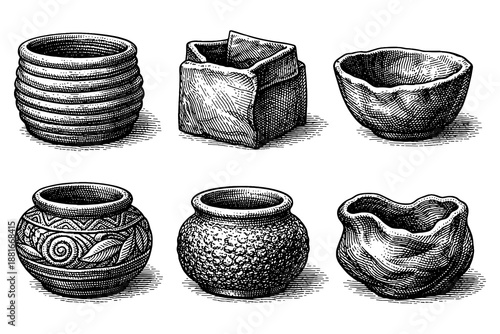 Hand drawn vintage clay pottery collection with intricate details