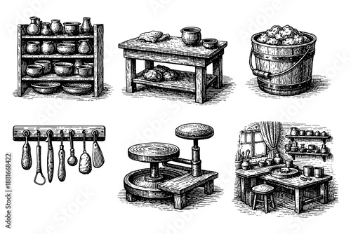 Vintage handcrafted pottery workshop set with tools and supplies in rustic style