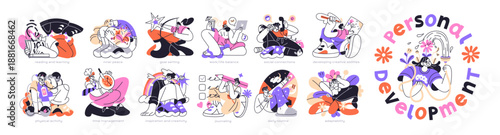 Personal development concept set. Mental growth and self learning and improvement- work and life balance, mindset, identity, social skills and sport. Flat isolated outline vector illustration on white