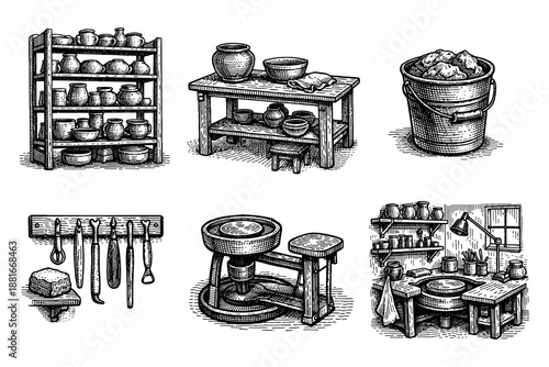 Vintage ceramic workshop scene with shelves and pottery tools in engraved style
