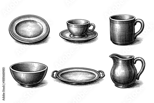 Vintage engraved tableware set with plates, cups, and pitchers in classic style
