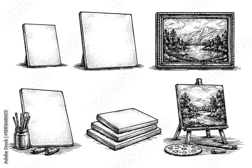 Blank canvases and framed landscape art with drawing tools in vintage style
