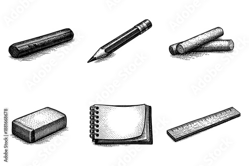 Vintage engraving of classic office supplies in black and white