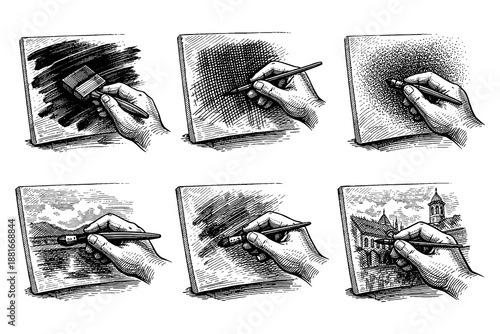 Realistic hands drawing various artistic techniques on sketch pads