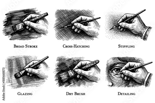 Techniques for drawing textures with different hand tools in pen and ink