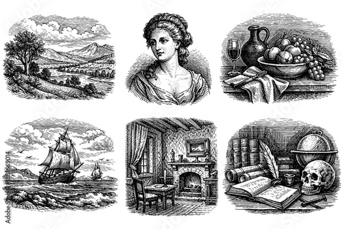 Vintage engraving style collection: landscapes, portraits, and still life