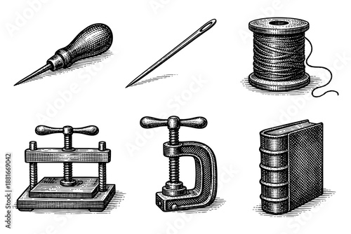 Vintage bookbinding tools collection in detailed etching style