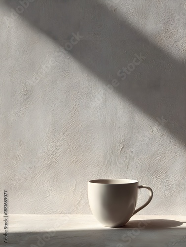 Minimalist coffee mug on a smooth surface with soft natural light and subtle shadow creating a calm and cozy atmosphere in a modern setting