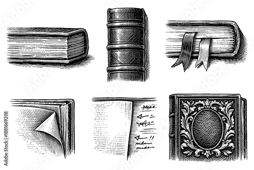 Vintage hand drawn book collection with detailed engravings and antique elements