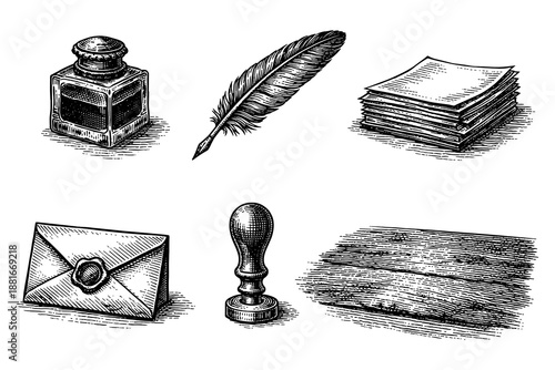 Vintage writing tools set with ink bottle, quill, and envelope in engraved style