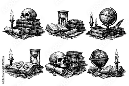 Vintage still life with skulls, books, and globes in etching style