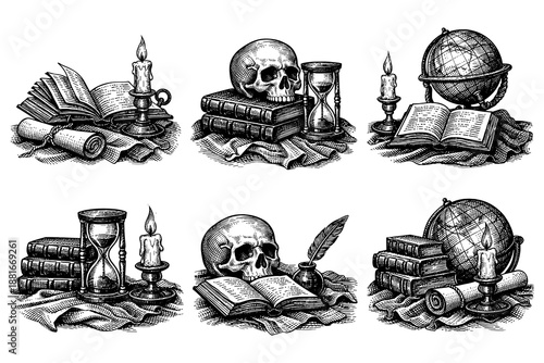 Vintage engraving style vanitas: books, skulls, candles, and globes