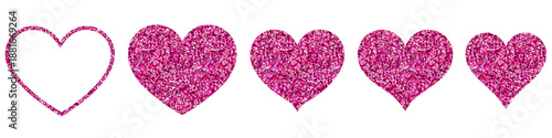 A sequence of pink glitter hearts, starting with an outline and progressing to fully filled glitter hearts, isolated on a white background, symbolizing love and sparkle.