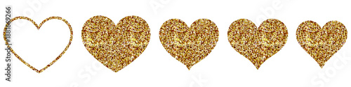 gold glitter hearts, starting with a glitter outline and progressing to fully filled sparkling hearts, isolated on a white background. Perfect for themes of love, luxury, celebration, romance.