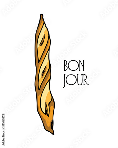 Vector card with hand drawn traditional French baguette. Ink drawing, graphic style. Beautiful traditional food design elements.