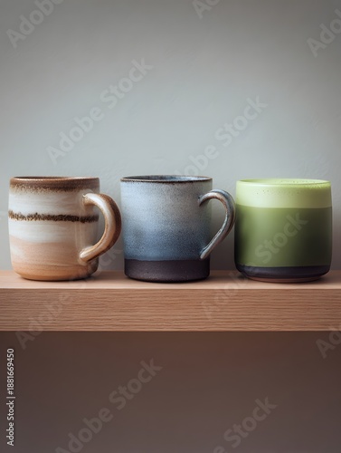 Wallpaper Mural Set of Three Colorful Ceramic Coffee Mugs with Saucer on Wooden Surface Versatile Tableware for Hot Beverages and Drinks Torontodigital.ca