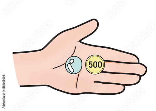 透明な薬剤と500円玉を乗せた左手のひらのイラスト