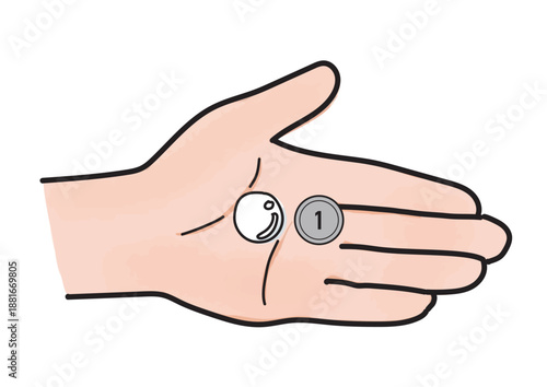 白い薬剤と1円玉を乗せた左手のひらのイラスト