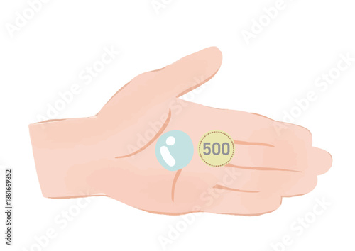透明な薬剤と500円玉を乗せた左手のひらの線なしイラスト