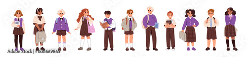 Students wearing uniforms set. Little girls and boys with backpacks. Kids hold educational books. Diverse children with textbooks and school bags. Flat isolated vector illustrations on white