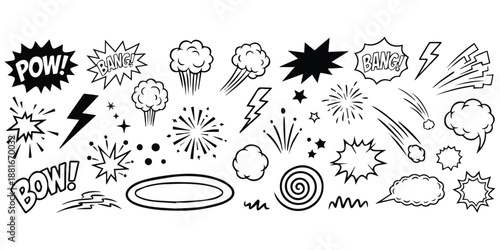 Dynamic comic book elements collection with sound effects, explosions, and speed lines