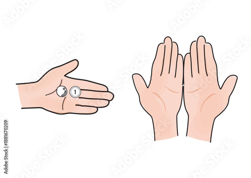 1円玉と薬剤を乗せた左手と両手のイラスト
