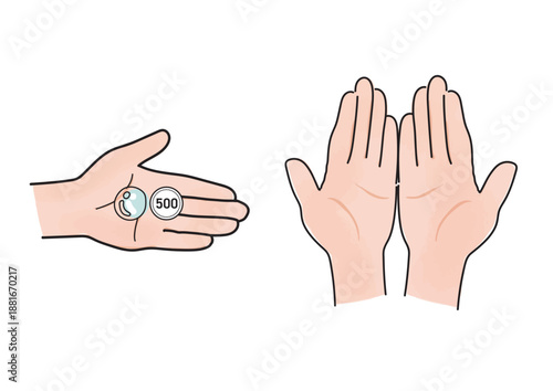 500円玉と液体を乗せた左手と両手のイラスト
