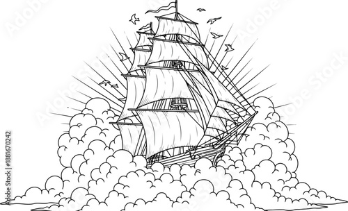 Sailing ship in a stormy sea with clouds and sun rays