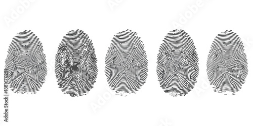 Five distinct human fingerprints showcasing unique biometric identification for security and personal recognition