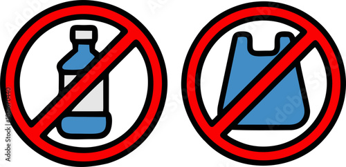 No Plastic Bottle and Bag Prohibition Sign Vector Icons