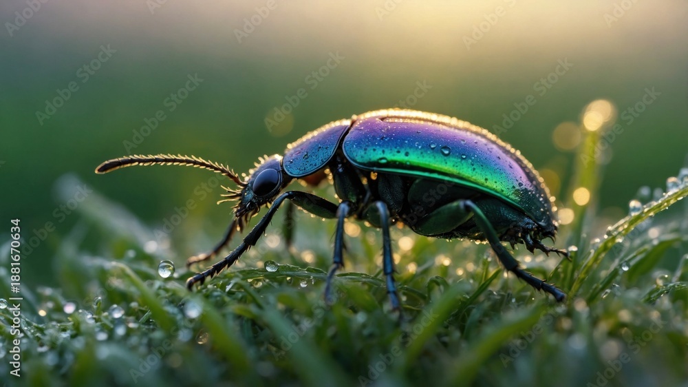 Fototapeta premium Close-up of a vibrant beetle on dew-covered grass at sunrise, showcasing nature's beauty and detail