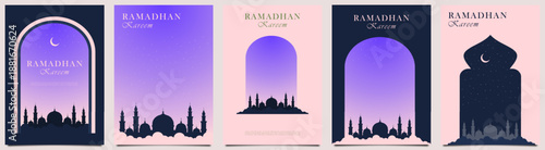 Modern Ramadan Kareem Background Collection with Mosque Silhouette and Geometric Ornament