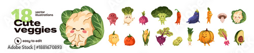 Different cute farm vegetables set. Various funny veggies: avocado, cabbage, cauliflower, potato pumpkin and tomato. Kawaii and happy agricultural crops. Flat isolated vector illustrations on white