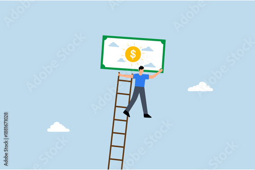 Ladder of success in financial freedom, finance manager ascending stepping stool high overhead to get into cash dollar banknote paradise.