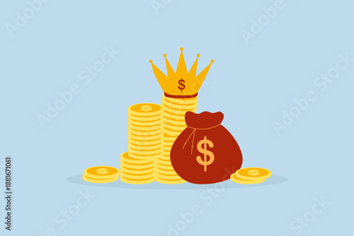 Cash is king, stack of money dollar coins and money bag with precious king golden crown.