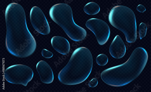 Collection of realistic iridescent bubbles or drops with rainbow reflections and a holographic effect and glare. A glossy volumetric round drop of water with a holographic effect and glare. Vector 3D 