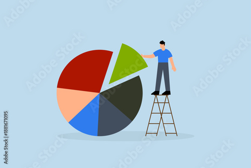 Investment asset allocation and rebalance, A financial planner stands on a ladder to create a pie chart that balances an investment portfolio in terms of risk and return.