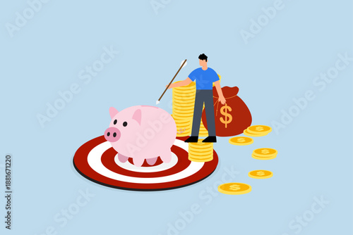 Financial goal, businessman investor holding arrow in stack of coins with piggy bank on pinball table..