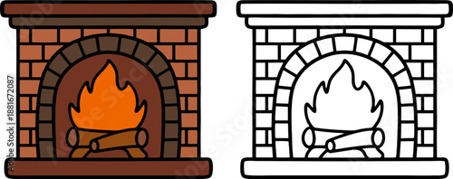 Brick Fireplace with Burning Fire Vector Illustration
