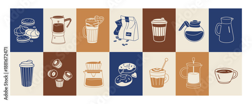Colored collage with coffee items. Banner for interior decoration of coffeehouse, coffeeshop. Set of isolated outline cups of cofee, coffeepots, desserts and mugs of coffe. Flat vector illustration