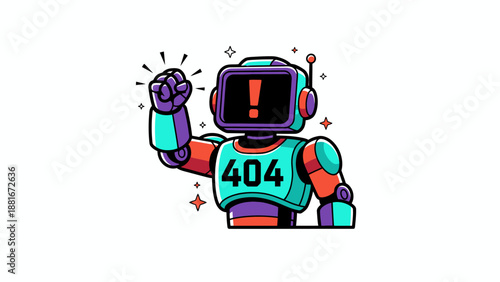 Vibrant Retro Robot Mascot Showing 404 Error. Cartoon Character with Exclamation Mark Screen for Page Not Found or System Failure.