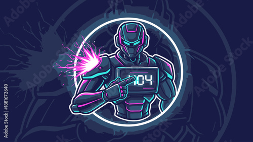 Futuristic 404 Error Robot Mascot Logo. Neon Cyborg pointing to broken screen, symbolizing system failure and broken links in a cyberpunk style.