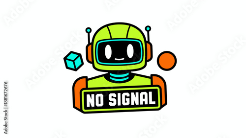 Neon Robot Character Icon with "No Signal" Sign. Cute AI Bot Avatar Representing System Error, Disconnection, and Technical Difficulties.