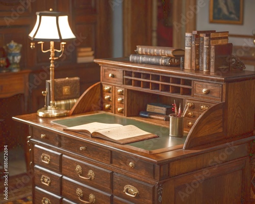 Antique Dark Wood Writing Desk with Brass Hardware and Lamp, Featuring Books and Stationery