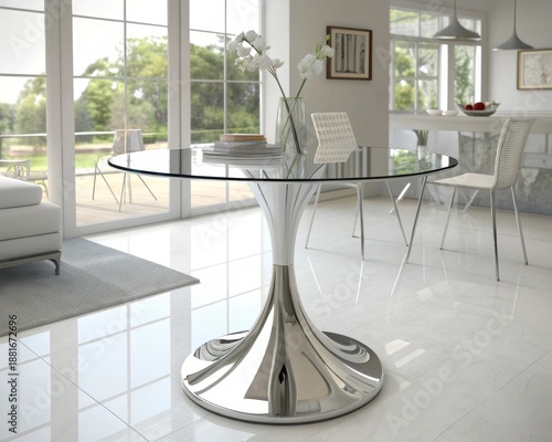 Modern Glass Top Dining Table with Polished Chrome Pedestal Base in a Bright Interior