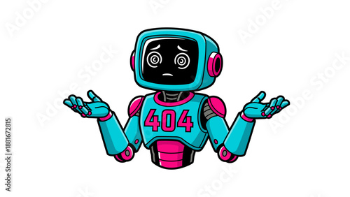 Cartoon 404 Error Robot Mascot Shrugging, Page Not Found Notification, Web Technology Glitch Vector Illustration on White Background
